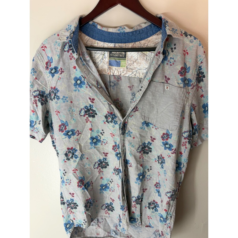 Modern Amusement Mens Floral Short Sleeve Button Down Shirt Grey Blue Size M